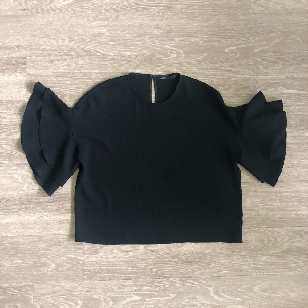 Zara Short Double Frill Sleeve Keyhole Top